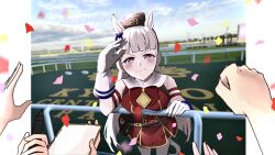  1girl animal_ears armband blue_sky blunt_bangs blush bow breasts brown_hat closed_mouth commentary_request confetti dress ear_bow ear_ribbon gloves gold_ship_(red_strife)_(umamusume) gold_ship_(umamusume) grey_hair hat highres horse_ears horse_girl horse_tail kyoto_racecourse long_hair looking_at_viewer multiple_others outdoors pantyhose pillbox_hat real_world_location red_bow red_dress shiruko_(oshiruko) sky sleeveless sleeveless_dress smile solo_focus striped_armband striped_clothes tail umamusume violet_eyes white_gloves white_pantyhose 