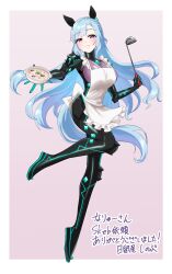  1girl absurdres animal_ears apron armor artist_name black_armor black_bodysuit blue_hair blush bodysuit bowl braid breasts closed_mouth commission cosplay crown_braid ear_ornament fate/grand_order fate_(series) grey_bodysuit highres holding holding_ladle horse_ears horse_girl horse_tail housewife impossible_bodysuit impossible_clothes impossible_leotard japanese_armor ladle large_breasts leotard long_hair looking_at_viewer mejiro_ardan_(umamusume) multicolored_bodysuit neon_trim nitsutomeo_shinobu open_mouth skeb_commission skin_tight smile solo stew tail translation_request two-tone_bodysuit umamusume ushi_gozen_(avenger)_(fate) ushi_gozen_(fate) ushi_gozen_(fate)_(cosplay) violet_eyes 