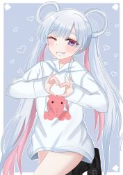  1girl blush border cho_kaguya-hime! clenched_teeth commentary hair_rings heart heart_hands highres hood hood_down hoodie long_hair long_sleeves one_eye_closed outside_border pink_hair runami_yachiyo solo teeth twintails umiushi_(blue_starshine) violet_eyes white_border white_hoodie 