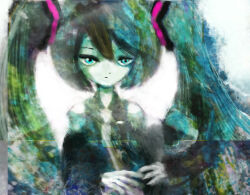  1girl analogous_colors blue_eyes blue_theme closed_mouth commentary_request double_exposure green_theme hatsune_miku highres hilty jitome long_hair looking_ahead looking_at_viewer necktie solo twintails upper_body vocaloid white_background 