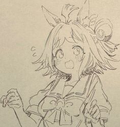  1girl :o abara_heiki ahoge animal_ears bow bowtie collared_shirt ear_ornament flying_sweatdrops highres horse_ears horse_girl open_mouth pen_(medium) puffy_short_sleeves puffy_sleeves rhein_kraft_(umamusume) school_uniform shirt short_hair short_sleeves solo star_(symbol) star_in_eye surprised symbol_in_eye tracen_school_uniform traditional_media umamusume upper_body 