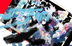  1girl abstract abstract_background absurdres arms_behind_back black_sleeves blue_eyes blue_hair closed_mouth cowboy_shot floating_hair from_side hatsune_miku highres hilty long_hair looking_at_viewer profile solo twintails vocaloid 
