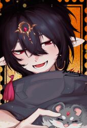  1boy absurdres alchemy_stars animal black_hair black_scarf chinese_commentary closed_eyes commentary_request earrings finger_on_another's_head hair_ornament highres hoop_earrings jewelry looking_at_animal lower_teeth_only minayoru mole mole_under_eye pointy_ears portrait red_eyes scarf short_hair signature smile teeth vic_(alchemy_stars) vic_(ouroboros'_hoard)_(alchemy_stars) 