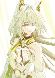  1girl absurdres animal_ear_fluff animal_ears arknights bare_shoulders cat_ears cat_girl closed_mouth commentary dress eyes_visible_through_hair flower grey_dress grey_eyes grey_hair hair_intakes highres holding kal'tsit_(arknights) kal'tsit_esperanta_(arknights) light_particles light_smile long_hair nishimiya_aki solo split_mouth turning_head upper_body white_background white_flower yellow_pupils 