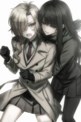  2girls :d annoyed antenna_hair bandaid bandaid_on_face behind_another black_gloves black_hair black_pantyhose black_skirt black_sweater blonde_hair breasts chinese_commentary clenched_hands coat collared_shirt commentary_request cowboy_shot genderswap genderswap_(mtf) genderswap_on_genderswap gloves green_eyes green_scarf grey_hair heterochromia highres long_hair looking_at_another looking_to_the_side mamiya_yumehisa medium_breasts miniskirt mole mole_under_eye multiple_girls natsume_souichirou necktie open_mouth pantyhose pleated_skirt red_eyes red_necktie scarf school_uniform sekai_metsubou_kyouyuu_gensou_mamiya shirt sidelocks skirt smile sweater teasing trench_coat wavy_hair white_background white_shirt yanzia689 