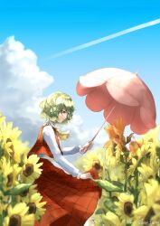  1girl ascot blue_sky clouds collared_shirt commentary_request contrail cumulonimbus_cloud field flower flower_field frilled_skirt frills garden_of_the_sun green_hair highres kazami_yuuka long_skirt long_sleeves open_clothes open_vest parasol plaid_clothes plaid_skirt plaid_vest red_eyes red_skirt red_vest shee_take shirt short_hair skirt skirt_set sky solo sunflower sunflower_field touhou umbrella vest wavy_hair white_shirt yellow_ascot 