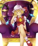  adjusting_hair ascot blonde_hair crossed_legs crystal flandre_scarlet frown hat hat_ribbon highres kiyoiziru legs legs_crossed mary_janes red_eyes ribbon shoes short_hair sitting skirt solo the_embodiment_of_scarlet_devil throne touhou wings 