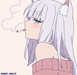  1girl animal_ear_fluff animal_ears bare_shoulders blunt_bangs blush cat_ears cat_girl cigarette commentary_request from_side grey_hair long_hair looking_to_the_side mouth_hold off-shoulder_sweater off_shoulder portrait samme_hacci satou_shizue_(yanineko) short_eyebrows simple_background smoke smoking solo sweater thick_eyebrows twitter_username yani_neko yellow_eyes 