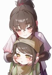  2girls :> brown_eyes brown_hair chinese_clothes green_hanfu hand_on_another's_cheek hand_on_another's_face hanfu headscarf highres legend_of_mortal looking_at_another moohyungking multiple_girls ponytail raised_eyebrows scarf sidelocks simple_background v-shaped_eyebrows vambraces white_background white_hanfu yellow_eyes yu_xiaomei yu_zhu 