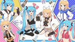  2girls absurdres alternate_costume aqua_eyes aqua_hair aqua_necktie aqua_trim bare_shoulders bass_clef black_boots black_leg_warmers black_sailor_collar black_skirt black_sleeves blonde_hair blue_scarf boots bow closed_eyes cosplay detached_sleeves fang grey_shirt grey_shorts grin hair_bow hair_ornament hairclip hatsune_miku highres holding_cloth kagamine_len kagamine_len_(cosplay) kagamine_rin kaito_(vocaloid) kaito_(vocaloid)_(cosplay) leg_warmers long_hair long_sleeves looking_at_viewer megurine_luka megurine_luka_(cosplay) meiko_(vocaloid) meiko_(vocaloid)_(cosplay) midriff multiple_girls navel necktie number_tattoo one_eye_closed open_mouth parallel_hairclips polka_dot red_shirt sailor_collar scarf shirt shoes short_hair shorts sitting skirt sleeveless sleeveless_shirt smile tattoo tatyaoekaki thigh_boots tongue tongue_out twintails very_long_hair vocaloid wariza white_bow white_shirt white_shoes yellow_necktie yellow_trim 