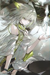  1girl animal_ears arknights black_thighhighs cat_ears commentary ddinut dress frown green_eyes hand_up highres kal'tsit_(arknights) kal'tsit_esperanta_(arknights) long_hair looking_at_viewer magic shawl sleeveless sleeveless_dress solo thigh-highs white_dress white_hair white_shawl 