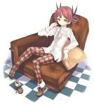  argyle_legwear armchair bow checkered checkered_floor drill_hair feet hair_bow hair_tussle highres miyoshino no_pants original single_shoe sitting solo thigh-highs thighhighs 