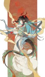  1girl absurdres arknights arknights:_endfield bead_necklace beads bracelet breasts chinese_clothes chinese_commentary commentary_request dragon_girl dragon_horns dragon_tail eastern_dragon_horns eastern_dragon_tail floating_hair from_above full_body green_eyes green_hair green_shirt grey_skirt hagoromo hair_ornament half_updo han_chi_zao_shui hand_up hanfu high-waist_skirt highres horns jewelry long_hair long_sidelocks long_skirt looking_at_viewer medium_breasts multicolored_hair necklace official_alternate_costume pointy_ears red_streaks shawl shirt sidelocks skirt solo streaked_hair tail tanling_ruqun very_long_hair zhuang_fangyi_(arknights) 