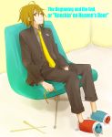  brown_eyes chair coat dress_shirt drumsticks formal gogono_pan'ya gogono_panya hair_down headband indoors jacket k-on! k_on male necktie pant_suit shirt sitting slippers suit taiko_no_tatsujin tainaka_ritsu tuxedo 