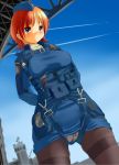  airplane bad_id beret black_legwear brown_eyes condensation_trail control_tower garrison_cap hat highres military military_uniform orange_hair original panties panties_under_pantyhose pantyhose pilot retsu_maru short_hair solo underwear uniform 