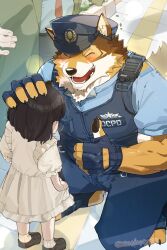  05tnnkz4cq50132 1boy 1girl animal_ears artist_name barrel_(live_a_hero) blush brown_fur claws closed_eyes commentary_request dog_boy dog_ears fangs fingerless_gloves furry furry_male furry_with_non-furry gloves hat headpat highres interspecies live_a_hero male_focus open_mouth pawpads police police_hat police_uniform smile twitter_username 