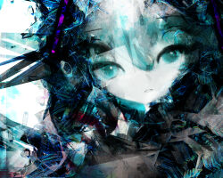  1girl abstract abstract_background blue_eyes blue_theme commentary_request glitch_art hatsune_miku highres hilty looking_at_viewer parted_lips portrait solo vocaloid 