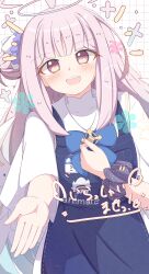  1girl absurdres apron blue_apron blue_archive blue_flower blush capelet commentary_request dress feathered_wings flower hair_flower hair_ornament hair_scrunchie halo hanehituzi4410 highres looking_at_viewer mika_(blue_archive) open_mouth pink_eyes pink_hair pink_halo purple_scrunchie reaching reaching_towards_viewer scrunchie solo white_capelet white_dress white_scrunchie white_wings wings wrist_scrunchie 