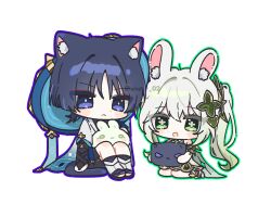  1boy 1girl :< animal_ear_fluff animal_ears animal_print anklet arm_at_side armlet armor asymmetrical_sidelocks bare_shoulders bird_print black_bridal_gauntlets black_hair black_sandals black_shorts black_tail blue_hat blue_jingasa blue_outline blue_sleeves blunt_ends blush bridal_gauntlets bright_pupils cape cat_boy cat_ears cat_tail chibi chibi_only closed_mouth colored_tips cross-shaped_pupils detached_sleeves dress eyelashes eyeliner full_body furisode genshin_impact gold gold_anklet gold_armlet gold_ring gold_trim gradient_hair green_cape green_eyes green_hair green_outline green_sleeves hair_ornament hakama hakama_shorts hat heart heart_hair_ornament highres holding holding_stuffed_toy japanese_armor japanese_clothes jewelry jingasa kimono kote kurokote layered_sleeves leg_warmers long_hair looking_at_viewer makeup middle_ring multicolored_hair nahida_(genshin_impact) open_mouth outline pleated_shorts rabbit_girl red_eyeliner sandals scaramouche_(genshin_impact) seiza short_dress short_sleeves shorts side_ponytail sidelocks sitting socks stuffed_animal stuffed_toy symbol-shaped_pupils tail toeless_legwear toeless_socks tsurime twitter_username violet_eyes wanderer_(genshin_impact) wheat_02 white_background white_dress white_hair white_leg_warmers white_pupils white_socks wispy_bangs wolf zouri 