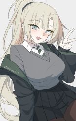  1girl absurdres alternate_hairstyle black_cloak black_skirt blush breasts brown_pantyhose cloak commentary diagonal-striped_clothes diagonal-striped_necktie english_commentary genderswap genderswap_(mtf) green_necktie grey_eyes grey_sweater_vest harry_potter_(series) highres hogwarts_school_uniform kaguracchi_(kaguracchi77) large_breasts long_hair long_sleeves looking_at_viewer malfoid necktie open_mouth pantyhose pleated_skirt ponytail school_uniform skirt slytherin smile solo striped_clothes striped_necktie sweater_vest twitter_username v wizarding_world 