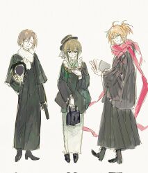  1girl 2boys ahoge alternate_costume bag book boots brown_hair closed_eyes colored_eyelashes floating_scarf frills full_body glasses green_eyes green_kimono grin gun hakama hand_on_own_chest handgun haori hat high_heel_boots high_heels highres holding holding_bag holding_book holding_gun holding_unworn_clothes holding_unworn_hat holding_weapon japanese_clothes kimono librarian_(mamiya) long_coat looking_at_viewer michiyuki multiple_boys nidome orange_hair ponytail print_kimono red_scarf scarf seigaiha sekai_metsubou_kyouyuu_gensou_mamiya senpai_(mamiya) short_hair sketch smile standing unworn_hat unworn_headwear weapon white_background white_scarf yzyzdh 