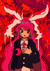  1girl abstract_background absurdres animal_ears blazer collared_shirt commentary_request cowboy_shot crying crying_with_eyes_open extra_ears highres jacket long_hair long_sleeves looking_at_viewer necktie neruzou open_mouth purple_hair rabbit_ears red_background red_eyes red_necktie reisen_udongein_inaba shirt solo tears touhou very_long_hair white_shirt 