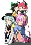  black_legwear blue_shirt blush bow braid cat_ears cat_tail closed_eyes dress eating eyes_closed fish green_dress green_hair hair_bow happy_tears hat kaenbyou_rin kayama_benio komeiji_koishi komeiji_satori multiple_tails pink_hair pink_skirt red_eyes red_hair redhead reiuji_utsuho shirt sitting skirt smile tail tears thigh-highs thighhighs third_eye touhou twin_braids white_shirt wink yellow_shirt 