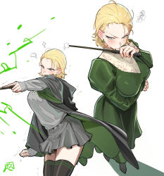  1girl absurdres alternate_costume alternate_hair_length_(shorter) alternate_hairstyle arm_under_breasts black_robe black_skirt black_sweater_vest black_thighhighs blonde_hair blush commentary_request dress earrings green_dress green_eyes green_robe harry_potter_(series) highres holding holding_wand jewelry juaag_acgy looking_at_viewer malfoid open_mouth robe short_hair skirt solo sweater_vest thigh-highs two-sided_fabric two-sided_robe two-tone_robe wand white_background wizarding_world zettai_ryouiki 