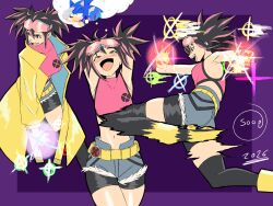 bike_shorts bike_shorts_under_shorts coat commentary crop_top denim denim_shorts english_commentary glowing_hands highres imagining jubilee_(marvel) marvel marvel_tokon:_fighting_souls motion_blur opaque_sunglasses open_fly pink-tinted_eyewear short_shorts shorts smile sonic_(series) sonic_the_hedgehog superguy551 thigh-highs tinted_eyewear x-men yellow_coat 