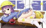  alternate_costume ass bad_id classroom eyeball flat_gaze footwear gessuiyuu hat highres kindergarten komeiji_satori lying on_side panties plaid plaid_skirt purple_hair school_hat school_uniform skirt socks solo table third_eye touhou tsukumizu_yuu underwear white_legwear white_panties window 