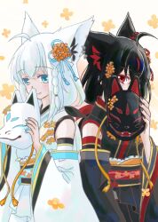  2girls ahoge animal_ear_fluff animal_ears black_hair black_kimono blush braid commentary_request detached_sleeves earrings flower fox_ears fox_girl fox_mask fox_tail green_eyes hair_between_eyes hair_flower hair_ornament holding holding_mask hololive japanese_clothes jewelry kareshamo kimono kurokami_fubuki long_hair looking_at_viewer mask multicolored_hair multiple_girls red_eyes red_hair shirakami_fubuki sidelocks single_braid smile streaked_hair tail virtual_youtuber white_hair white_kimono 