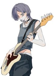  1girl bang_dream! bang_dream!_our_notes bass_guitar black_pants choker commentary_request ear_piercing flat_chest gommotheworld green_eyes grey_hair grey_shirt guitar_strap highres instrument korean_commentary medium_hair o-ring o-ring_choker pants piercing shirt simple_background sleeveless sleeveless_shirt solo white_background yakura_yomogi 