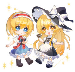  2girls absurdres alice_margatroid apron black_hat black_shoes black_skirt black_vest blonde_hair blue_dress blue_eyes book boots bow braid brown_boots capelet chibi chibi_only chinese_commentary commentary_request dress frilled_hairband frilled_skirt frills full_body gan_cao_xuan_mi_su grimoire grimoire_of_alice hair_bow hairband hat hat_bow highres holding holding_book kirisame_marisa long_hair looking_at_viewer mini-hakkero multiple_girls open_mouth puffy_short_sleeves puffy_sleeves red_hairband red_sash sash shoes short_sleeves side_braid single_braid skirt smile socks touhou very_long_hair vest waist_apron waist_sash white_apron white_bow white_capelet white_socks witch_hat yellow_eyes 
