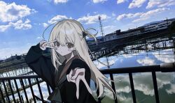  1girl absurdres ahoge black_neckerchief black_sweater blonde_hair blue_sky blush building clouds day fingernails hair_ornament highres house long_fingernails long_hair long_sleeves neckerchief one_side_up original outdoors photo_background pout railing red_eyes red_sailor_collar reflection reflective_liquid sailor_collar si_(wooupp) sky sleeves_past_wrists solo sweater tower transmission_tower triangle_hair_ornament v v_over_eye 