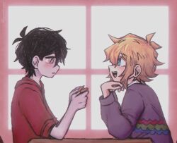  2boys alternate_costume antenna_hair bad_id bad_twitter_id basil_(faraway)_(omori) basil_(omori) black_hair black_sweater blonde_hair blue_eyes blush commentary english_commentary hood hood_down hoodie long_sleeves looking_at_another male_focus multiple_boys omori parted_lips red_hoodie short_sleeves sidelocks smile spoilers sunny_(omori) sweater teeth twitter_username upper_teeth_only white_eyes yuilu_(yuiluqqq) 