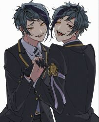  2boys :d aegyo_sal arm_ribbon black_jacket black_streaks blazer brown_eyes choppy_bangs collared_shirt commentary_request film_grain floyd_leech from_behind gold_trim grey_hair grey_ribbon grey_vest hand_up head_tilt heterochromia holding_hands interlocked_fingers jacket jade_leech long_sleeves looking_at_viewer looking_back male_focus multicolored_hair multiple_boys night_raven_college_school_uniform omanjumaturi1 open_mouth parted_bangs partially_unbuttoned raised_eyebrows raised_inner_eyebrows ribbon school_uniform sharp_teeth shirt simple_background single_sidelock smile streaked_hair tareme teeth tsurime twisted_wonderland upper_body vest waistcoat white_background white_shirt yellow_eyes 
