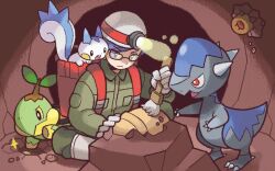  1boy :d armor_fossil backpack bag black-framed_eyewear blue_hair boots claws closed_mouth collared_jacket cranidos digging diglett dot_nose dust dusting eo_kanako fossil fossil_excavator_(pokemon) glasses gloves green_jacket green_pants headlamp helmet holding holding_brush in_bag in_container jacket leaf long_sleeves male_focus mining_helmet nostrils official_art open_mouth pachirisu pants pleated_skirt pokemon pokemon_(creature) pokemon_tcg red_eyes rock short_hair sitting skirt smile spikes teeth third-party_source turtwig underground upper_teeth_only white_boots white_gloves white_helmet 