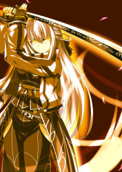  1girl absurdres aura ayasato_karen black_gloves black_pantyhose brown_background cherry_blossom_print closed_mouth clothing_cutout commentary_request constricted_pupils cowboy_shot eiyuu_densetsu falling_petals fighting_stance fingerless_gloves floating_hair floral_print gloves hair_between_eyes half_updo highres holding holding_sword holding_weapon jacket kuro_no_kiseki_(series) kuro_no_kiseki_i long_hair long_sleeves looking_at_viewer obi obijime ootachi open_clothes open_jacket open_mouth outer_glow pantyhose petals pink_petals sash shizuna_rem_misurugi simple_background solo standing sword thigh_cutout two-handed_sword v-shaped_eyebrows very_long_hair weapon white_hair white_jacket wispy_bangs yellow_aura yellow_eyes 