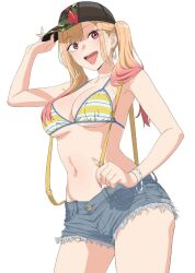  1girl bikini blonde_hair breasts gyaru highres jewelry kitagawa_marin long_hair looking_at_viewer official_art shorts smile solo sono_bisque_doll_wa_koi_wo_suru swimsuit 