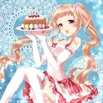  1girl :d blonde_hair cake candle earrings elbow_gloves food gloves hair_ornament jewelry long_hair nunucco open_mouth original pink_eyes plate sitting smile solo star thigh-highs thighhighs twintails white_legwear 