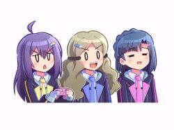  3girls :d black_jacket blue_hair blue_necktie brown_hair closed_eyes controller cropped_torso game_controller hair_ornament hairclip handa_roco holding holding_controller holding_game_controller hood hood_down hooded_jacket idolmaster idolmaster_million_live! idolmaster_million_live!_theater_days jacket jcomix long_hair medium_hair mochizuki_anna multiple_girls nanao_yuriko necktie official_alternate_costume open_clothes open_jacket pink_necktie purple_hair side-by-side simple_background smile triangle_mouth triple_baka_(vocaloid) upwards_triangle_mouth v-shaped_eyebrows white_background yellow_necktie youth_wandering_(idolmaster) 