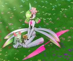  1girl 1other armor colored_skin cottoncandy_cd flower grass green_hair green_skin hair_over_one_eye horns iron_valiant joints kirlia low_twintails multicolored_skin pink_flower pokemon pokemon_(creature) red_eyes robot robot_joints sidelocks sitting smile sunflower twintails two-tone_skin waist_cape weapon white_armor white_skin 