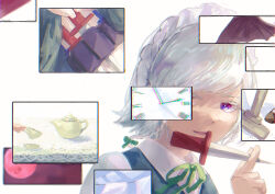  1girl artist_name clock commentary_request cup dagger highres holding holding_cup izayoi_sakuya knife looking_at_viewer medium_hair moon red_eyes red_moon red_sky roman_numeral shee_take shirt signature sky solo teacup teapot touhou weapon white_shirt 