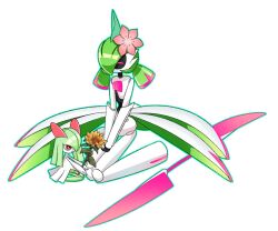 1girl 1other armor colored_skin cottoncandy_cd flower green_hair green_skin hair_over_one_eye horns iron_valiant joints kirlia low_twintails multicolored_skin pink_flower pokemon pokemon_(creature) red_eyes robot robot_joints sidelocks simple_background sitting smile sunflower twintails two-tone_skin waist_cape weapon white_armor white_background white_skin 
