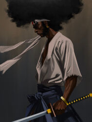  1boy afro afro_samurai afro_samurai_(character) black_hair black_hakama bracelet brown_background brown_eyes cowboy_shot dark-skinned_male dark_skin earrings from_side gold_bracelet gold_earrings gradient_background grey_background hakama headband highres holding holding_sword holding_weapon japanese_clothes jewelry katana male_focus mature_male samurai short_sleeves sideburns solo standing sword torn_clothes torn_sleeves ty0829 v-shaped_eyebrows very_dark_skin weapon white_dougi 