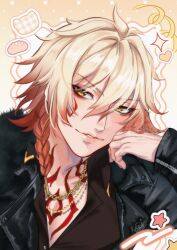  1boy ahoge alternate_costume artist_name black_jacket black_shirt blonde_hair braid casual chain chain_necklace cheek_rest chest_tattoo commentary double-parted_bangs english_commentary facial_tattoo gold_necklace gradient_hair hair_between_eyes hand_on_own_cheek hand_on_own_face honkai:_star_rail honkai_(series) jacket jewelry kairiwhisper leather leather_jacket looking_at_viewer male_focus medium_hair mullet multicolored_hair mydei_(honkai:_star_rail) neck_tattoo necklace open_clothes open_jacket parted_lips pink_lips portrait red_streaks red_tattoo shirt side_braid sidelocks signature smile solo star_(symbol) streaked_hair tattoo watermark yellow_eyes 