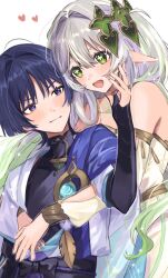  1boy 1girl aged_up alternate_costume anemo_symbol_(genshin_impact) arm_at_side arm_cutout bare_shoulders belt bishounen black_belt black_bodysuit black_bow blue_gem blue_kimono blue_sleeves blunt_ends blush bodysuit bow braid bright_pupils cape chest_markings closed_mouth clothing_cutout commentary_request cosplay couple cross-shaped_pupils detached_sleeves dress eyelashes eyeliner feathers fingernails furisode gem genshin_impact gold gold_choker gold_trim green_eyes green_hair hair_between_eyes hair_intakes hair_ornament half_crown_braid hand_on_another's_face hand_up hands_on_another's_stomach happy heart heart_hair_ornament height_difference hetero highres hug hug_from_behind japanese_clothes juban kimono layered_sleeves long_hair looking_at_another makeup mandarin_collar multicolored_hair nahida_(genshin_impact) one_side_up onigiri_po_0205 open_clothes open_kimono open_mouth pointy_ears pom_pom_(clothes) purple_cape purple_rope purple_sash red_eyeliner rope rukkhadevata_(genshin_impact) rukkhadevata_(genshin_impact)_(cosplay) sash scaramouche_(genshin_impact) short_sleeves shoulder_peek side_cape smile strapless strapless_dress streaked_hair symbol-shaped_pupils tareme tsurime very_long_hair violet_eyes wanderer_(genshin_impact) white_background white_dress white_hair white_kimono white_pupils white_sleeves wispy_bangs yellow_feathers 
