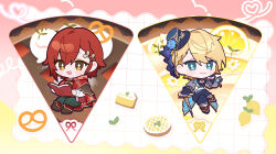  2boys :d aqua_eyes blonde_hair blue_flower blue_rose blue_veil blush_stickers book boots braid braided_bangs cane capelet chibi chibi_only commentary crepe crossed_legs diamond-shaped_pupils diamond_(shape) flower food fruit green_pants hanasaki_miyabi hanasaki_miyabi_(5th_costume) hat hat_flower hat_veil highres holding holding_book holding_cane holostars kishido_temma kishido_temma_(4th_costume) kurogareki lemon lemon_meringue_pie lemon_slice male_focus mini_hat mini_top_hat multiple_boys official_alternate_costume open_book open_mouth pants pie pie_slice pretzel red_capelet red_hair rose short_hair smile symbol-shaped_pupils top_hat untranslatable_commentary veil virtual_youtuber white_flower yellow_eyes 