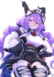  1girl arknights arknights:_endfield artist_logo artist_name bare_shoulders black_gloves black_horns black_sleeves blush closed_mouth commentary_request cowboy_shot detached_sleeves frilled_thighhighs frills from_below gloves hair_ornament heka=ton highres horns logo long_hair long_sleeves mole mole_on_thigh partial_commentary pink_eyes pout puffy_long_sleeves puffy_sleeves purple_hair purple_tail shirt simple_background sleeveless sleeveless_shirt solo standing tail thigh-highs typhoeus_(arknights) typhon_(arknights) white_background white_shirt white_sleeves white_thighhighs 