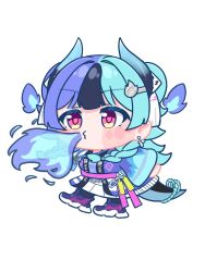  1girl achichi_mela black_hair blue_hair blunt_sidelocks blush_stickers breath_weapon breathing_fire chibi chibi_only commentary_request earrings fire full_body guanxuechen521 hair_intakes happi highres hololive horns japanese_clothes jewelry long_hair multicolored_hair pink_eyes purple_hair sidelocks simple_background solo split-color_hair standing tail virtual_youtuber white_background 